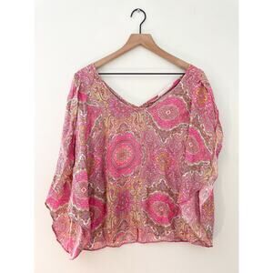 Alice & Trixie Silk Paisley Top Large Pink Moroccan Cutout Back Split Sleeve
